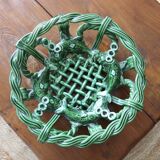 Antique woven basket in green glazed ceramic, fish decoration
