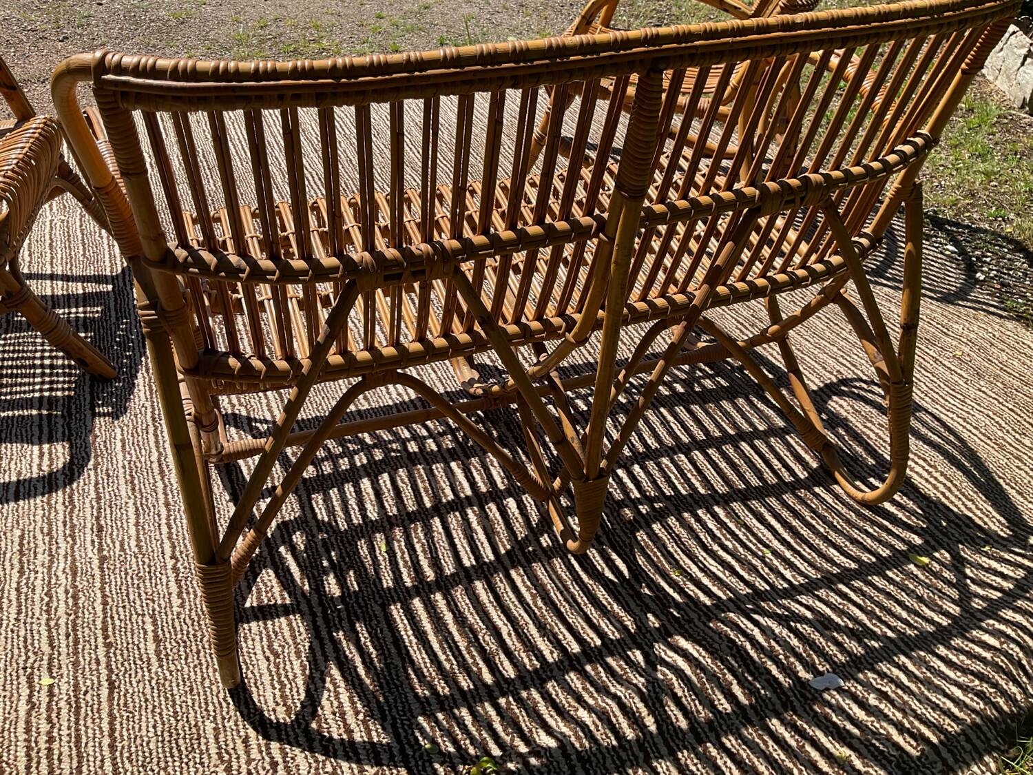 Vintage rattan lounge bench and 2 armchairs