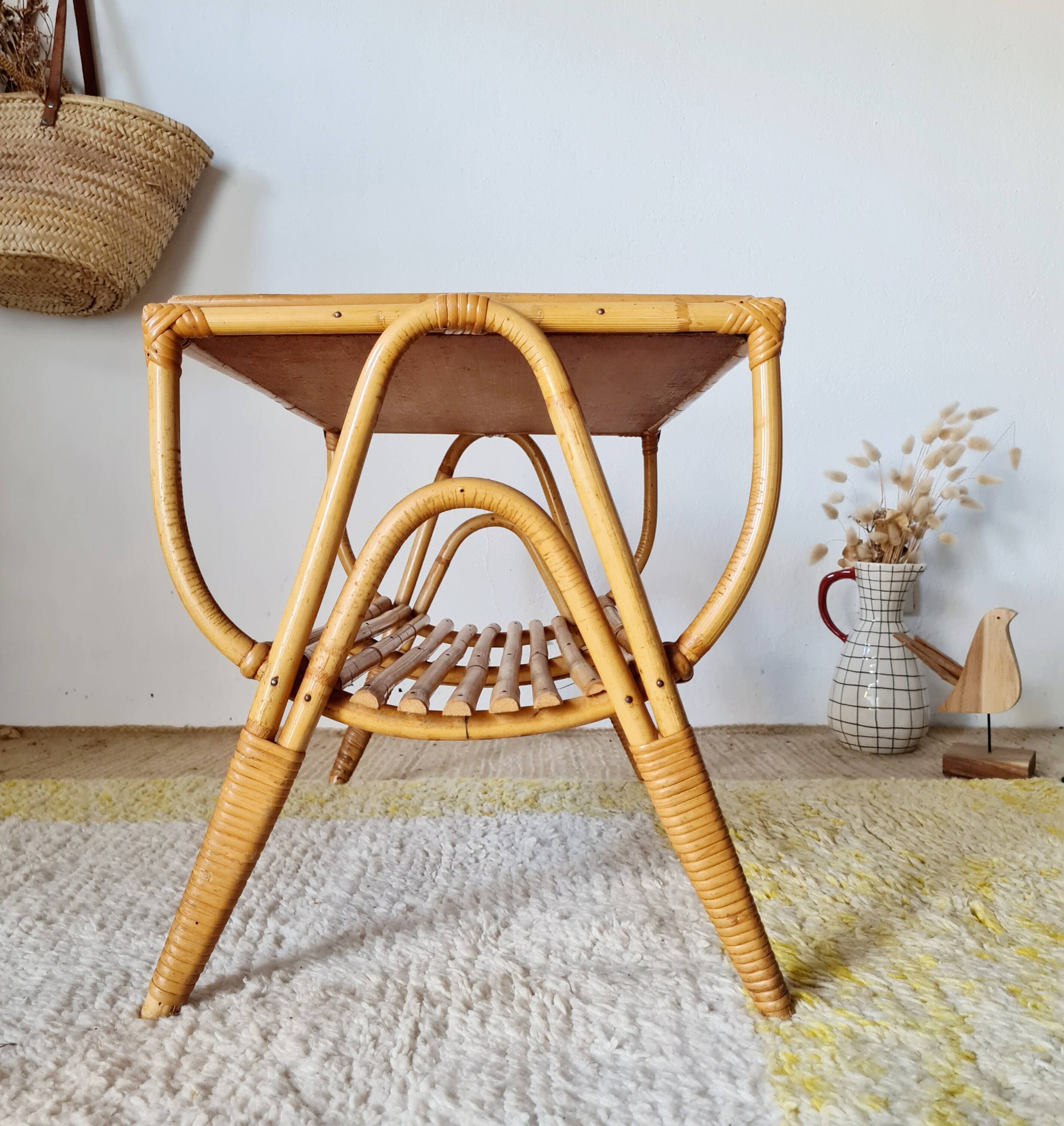 1960s rattan coffee table - blue top