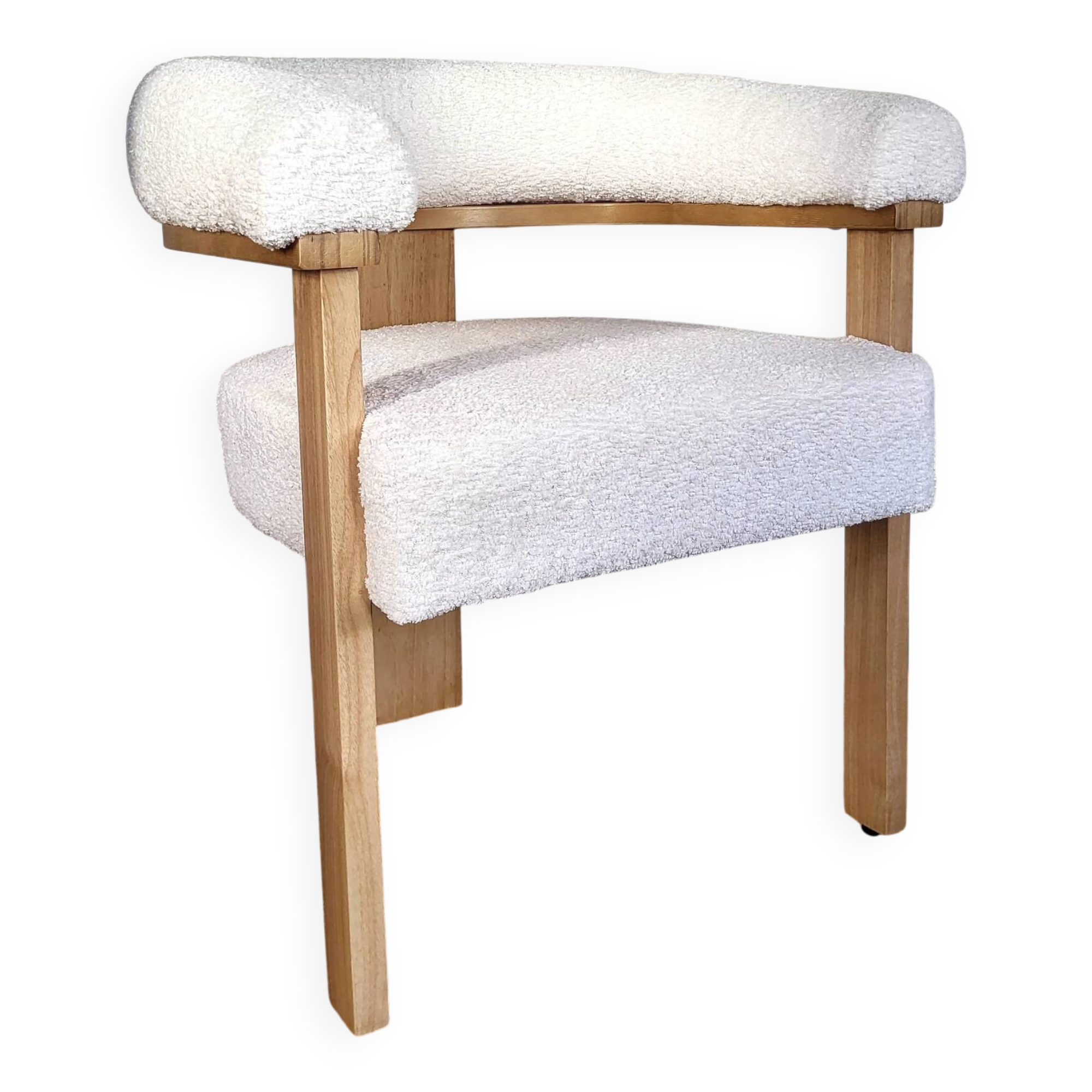 Contemporary armchair in wood and white bouclé fabric