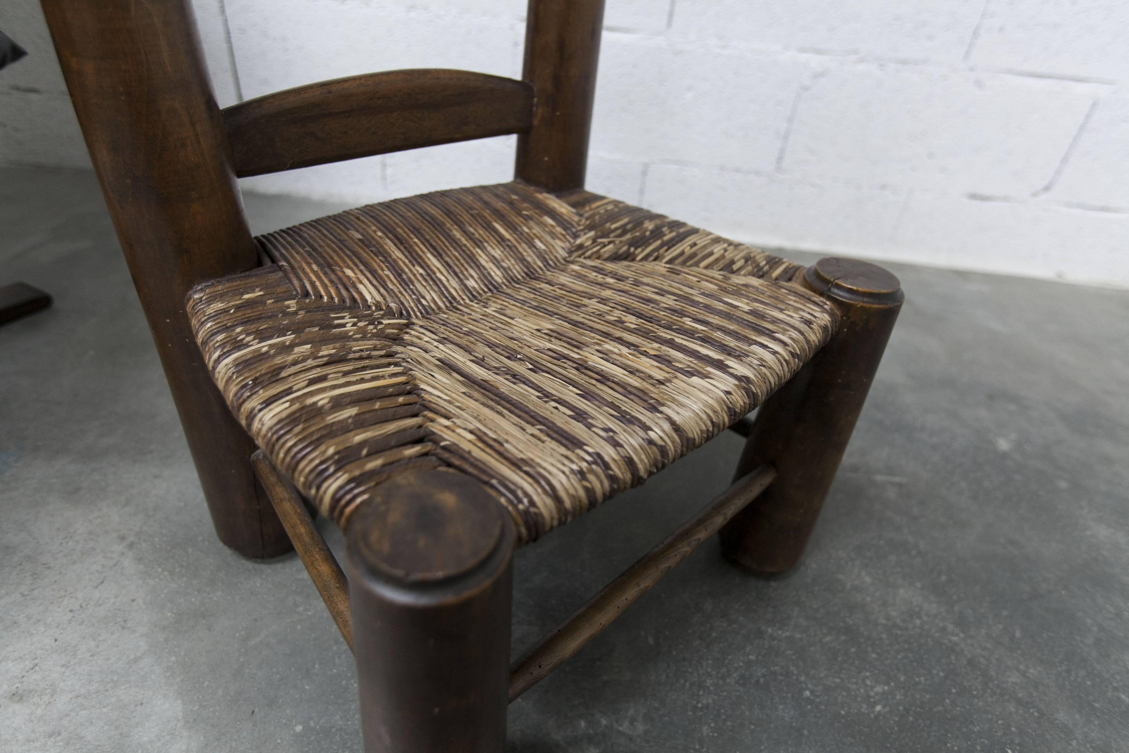 Brutalist children's chair by Charles Doudouyt 1960 oak and wicker