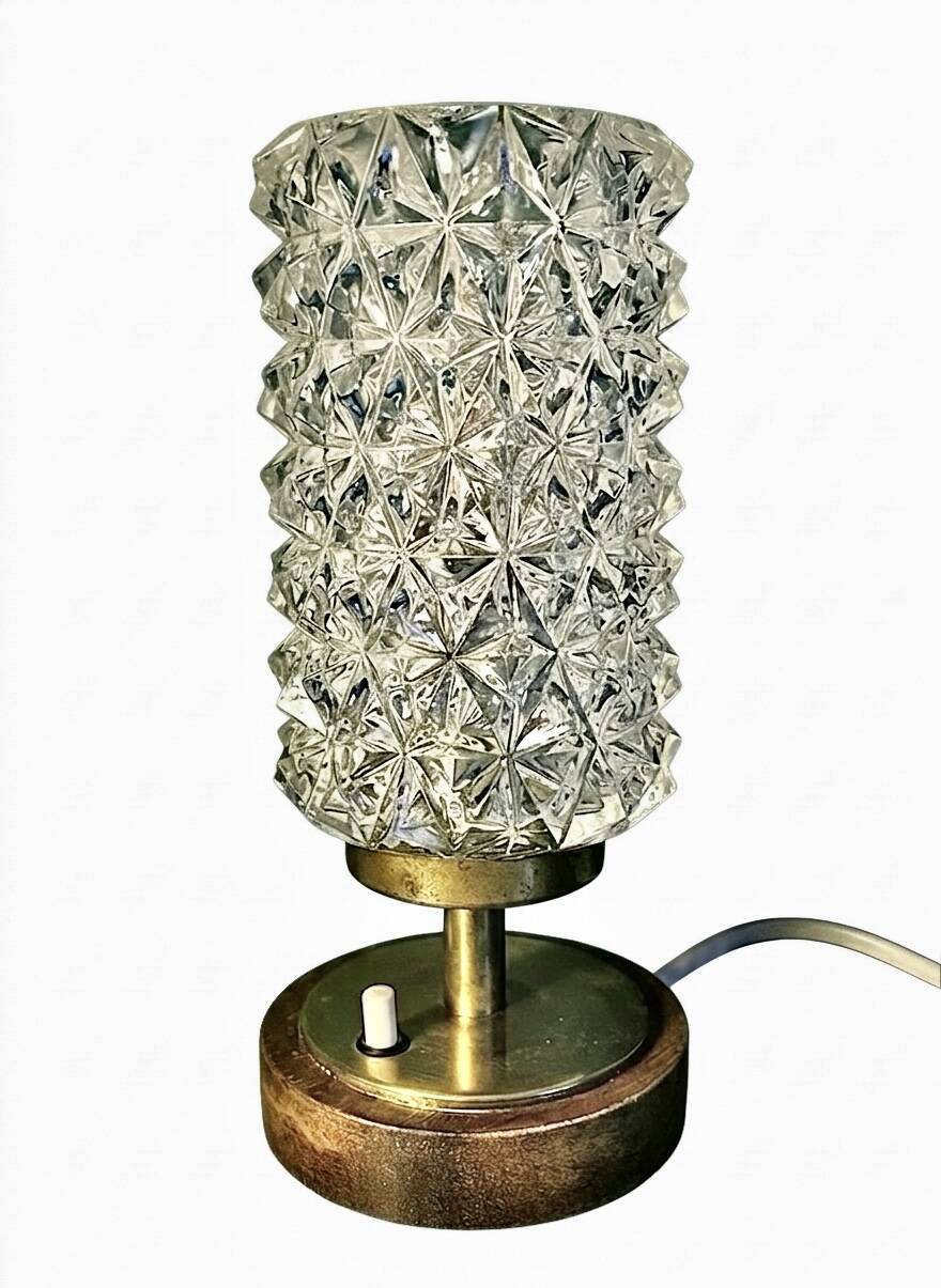 Vintage Mid-Century Scandinavian lamp in wood, brass, and pressed glass with spikes.