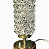 Vintage Mid-Century Scandinavian lamp in wood, brass, and pressed glass with spikes.