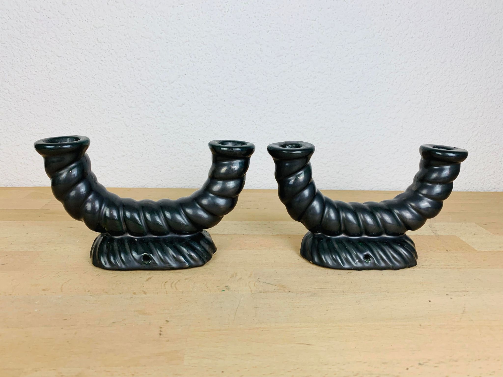 Pair of black Longchamp ceramic candle holders 50s