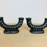 Pair of black Longchamp ceramic candle holders 50s