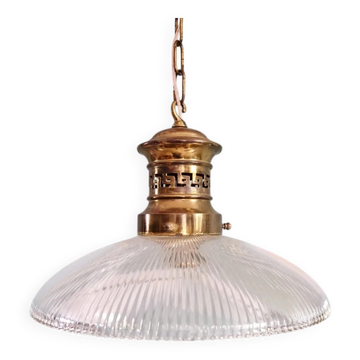 Art Deco glass pendant light with ribbed transparent design, 1920-30.