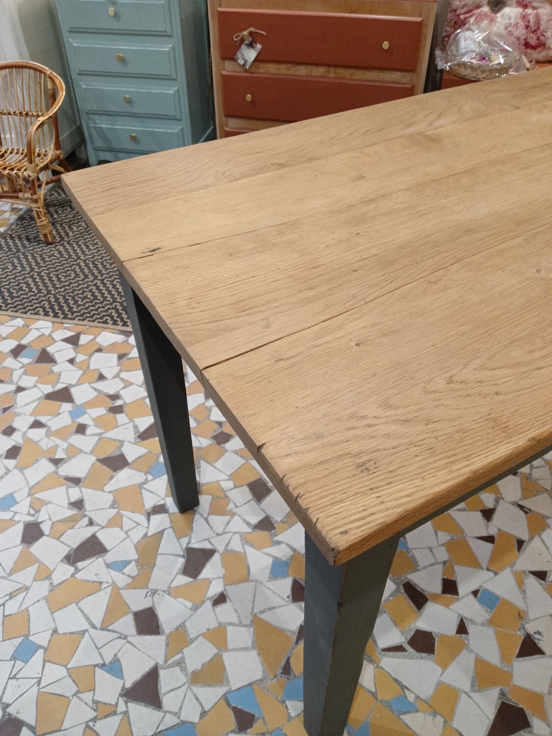 Wooden and khaki farmhouse table