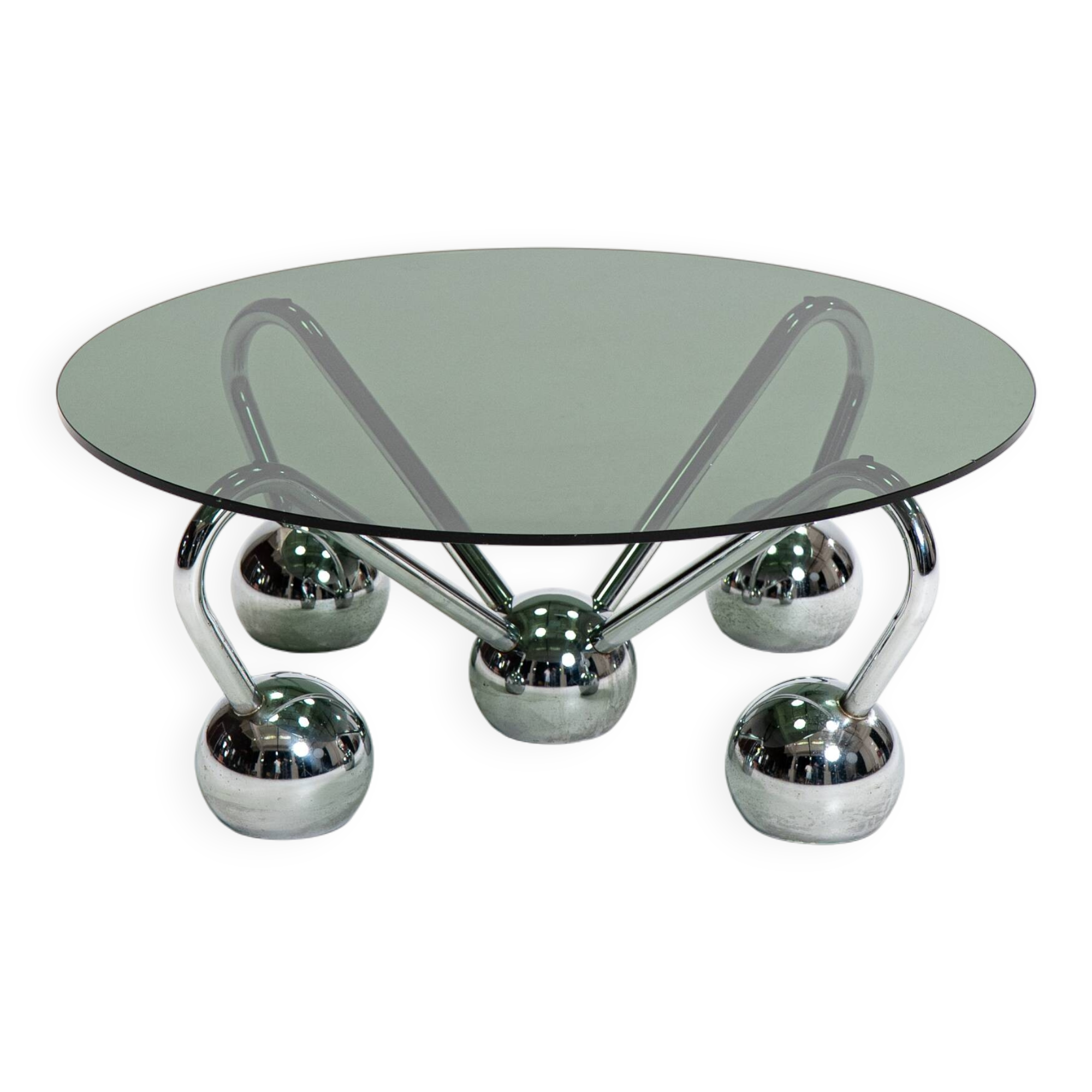 Table basse Sputnik en métal chromé et verre fumé, années 1970, Italie