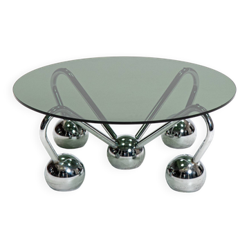 Table basse Sputnik en métal chromé et verre fumé, années 1970, Italie