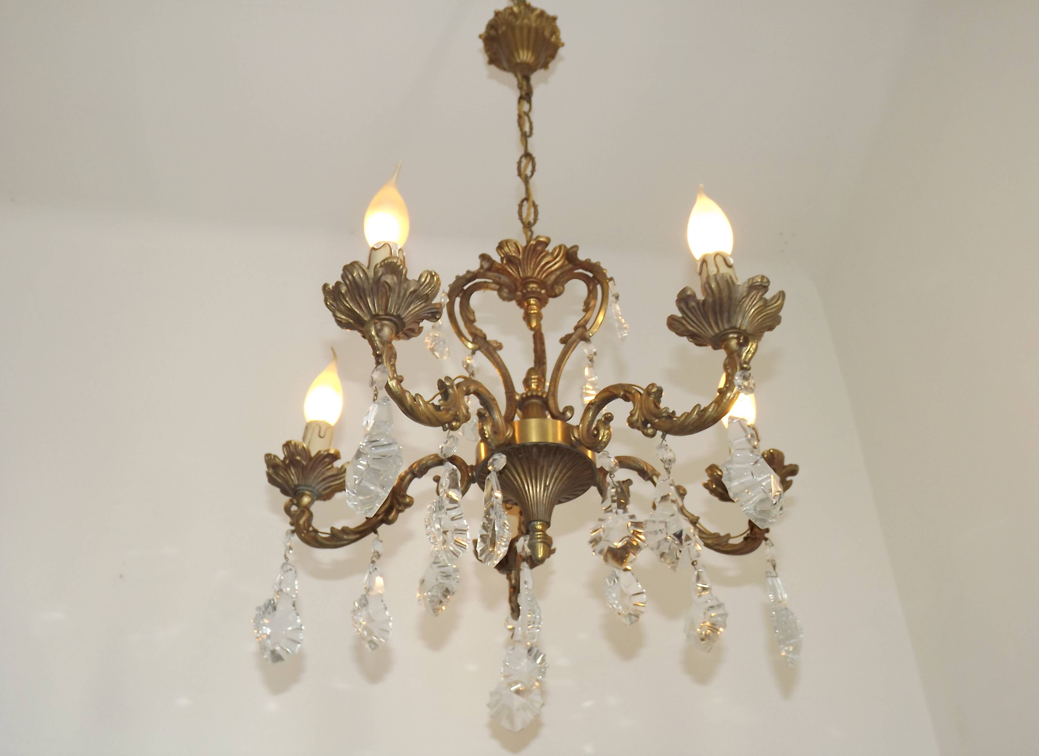 French Art Nouveau 5-Light Bronze 3 sided Crystal Cage Chandelier