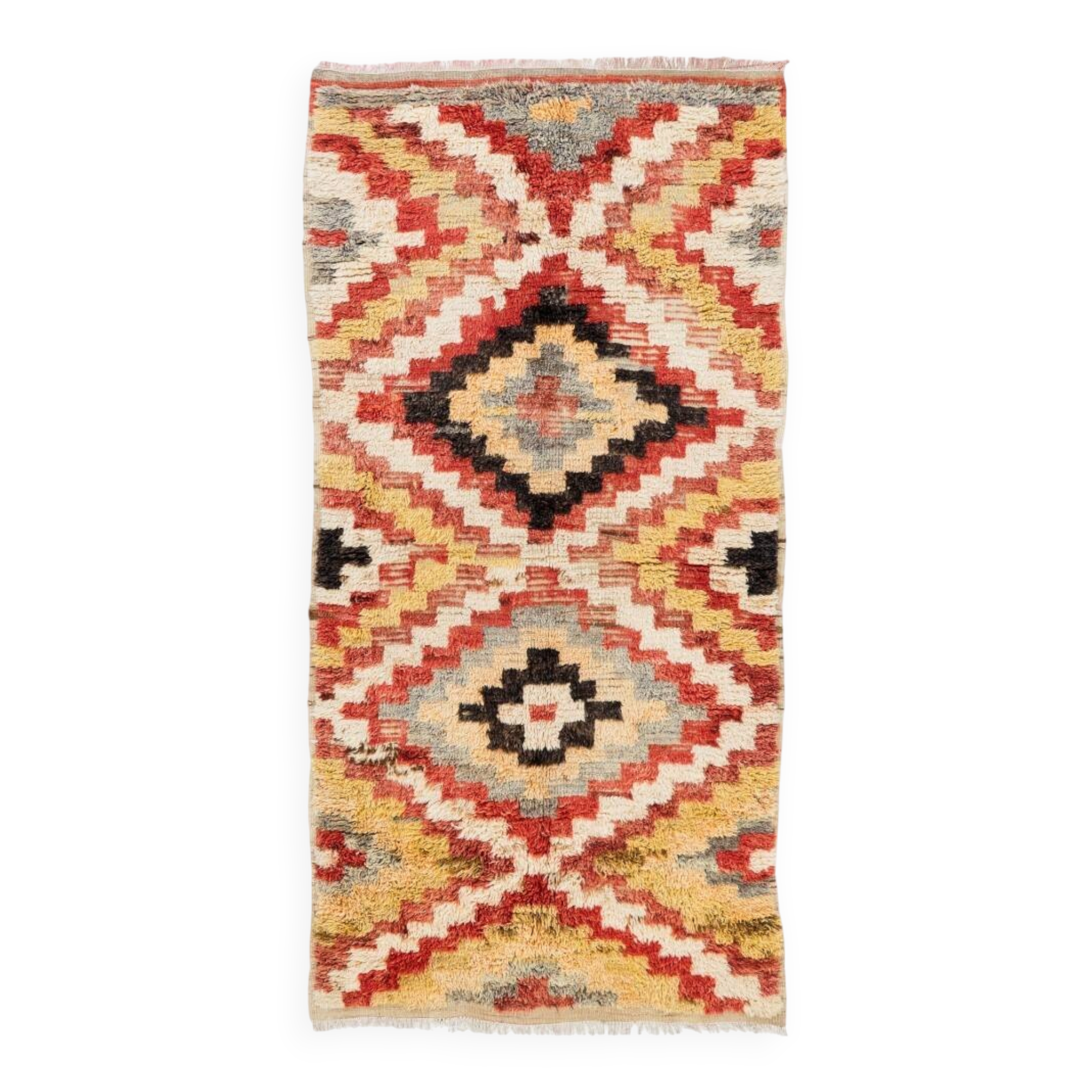 Vintage Hand-Knotted Turkish Tulu Rug with Geometric Design in Red, Cream, Yellow and Gray, 100% Wool