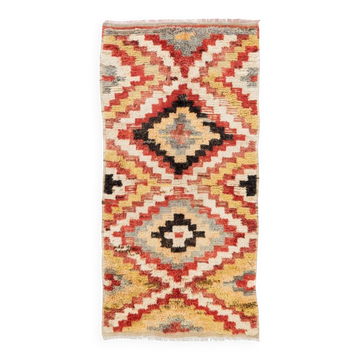 Tapis Tulu turc vintage fait à la main avec un design géométrique en rouge, crème, jaune et gris, 100 % laine.