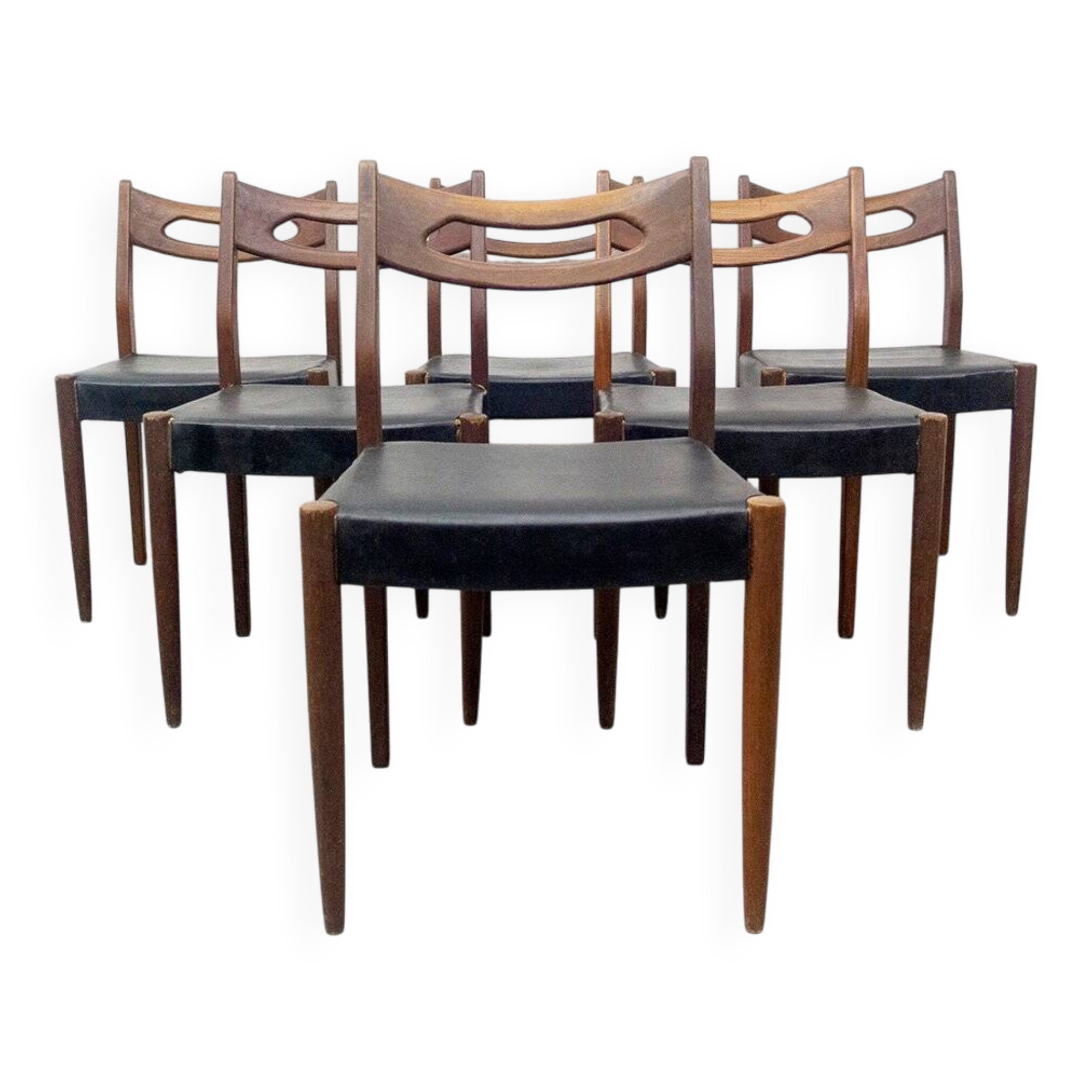 Teak and Black Leatherette Chairs, 1950s, Set of 6