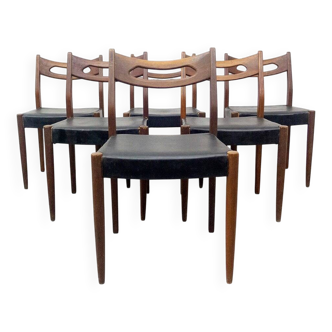 Teak and Black Leatherette Chairs, 1950s, Set of 6