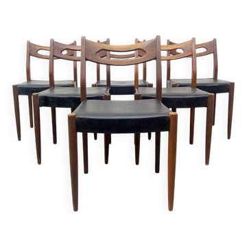 Teak and Black Leatherette Chairs, 1950s, Set of 6