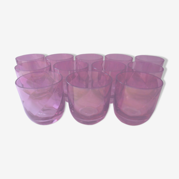 Suite of twelve crystal whiskey glasses from Krosno Poland fuchsia color