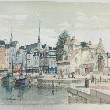 Tableau E.A. aquarellée par Cedric Eudeline "Honfleur, soleil du matin"