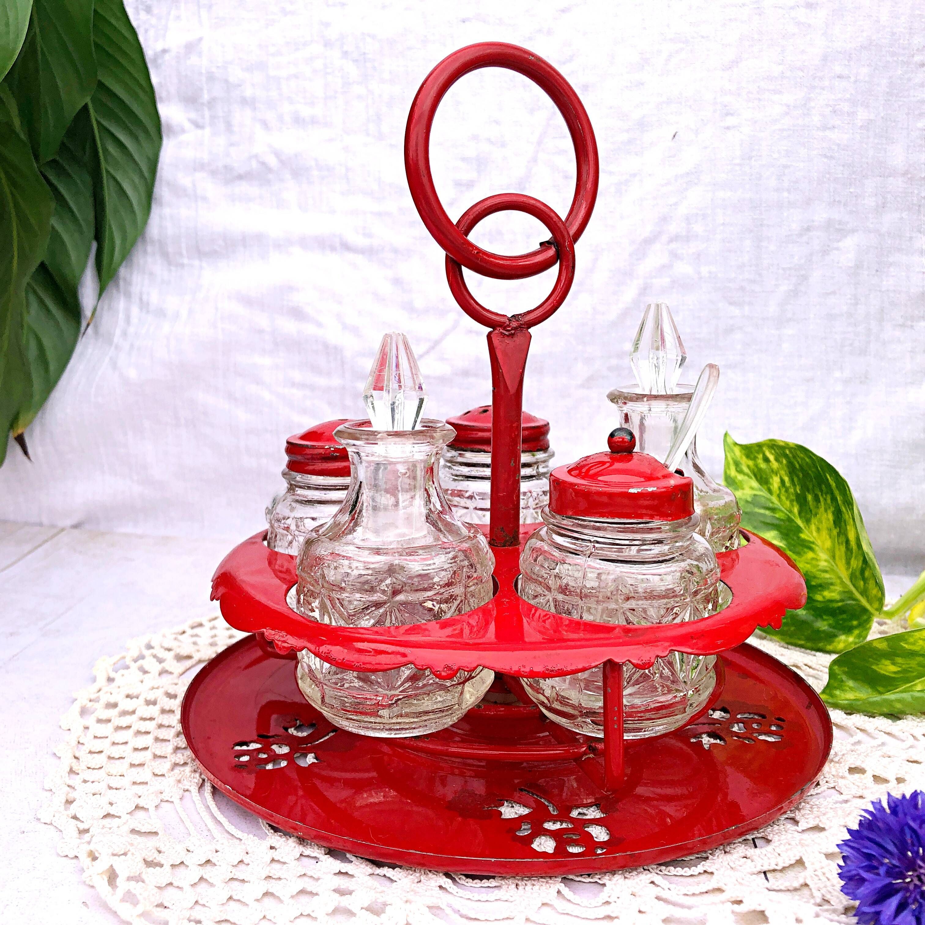 Table condiment server red metal turntable 6 vintage pieces