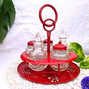 Table condiment server red metal turntable 6 vintage pieces