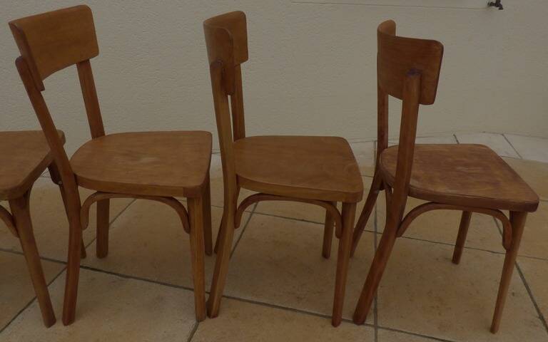 6 vintage Baumann wooden bistro chairs in their patina