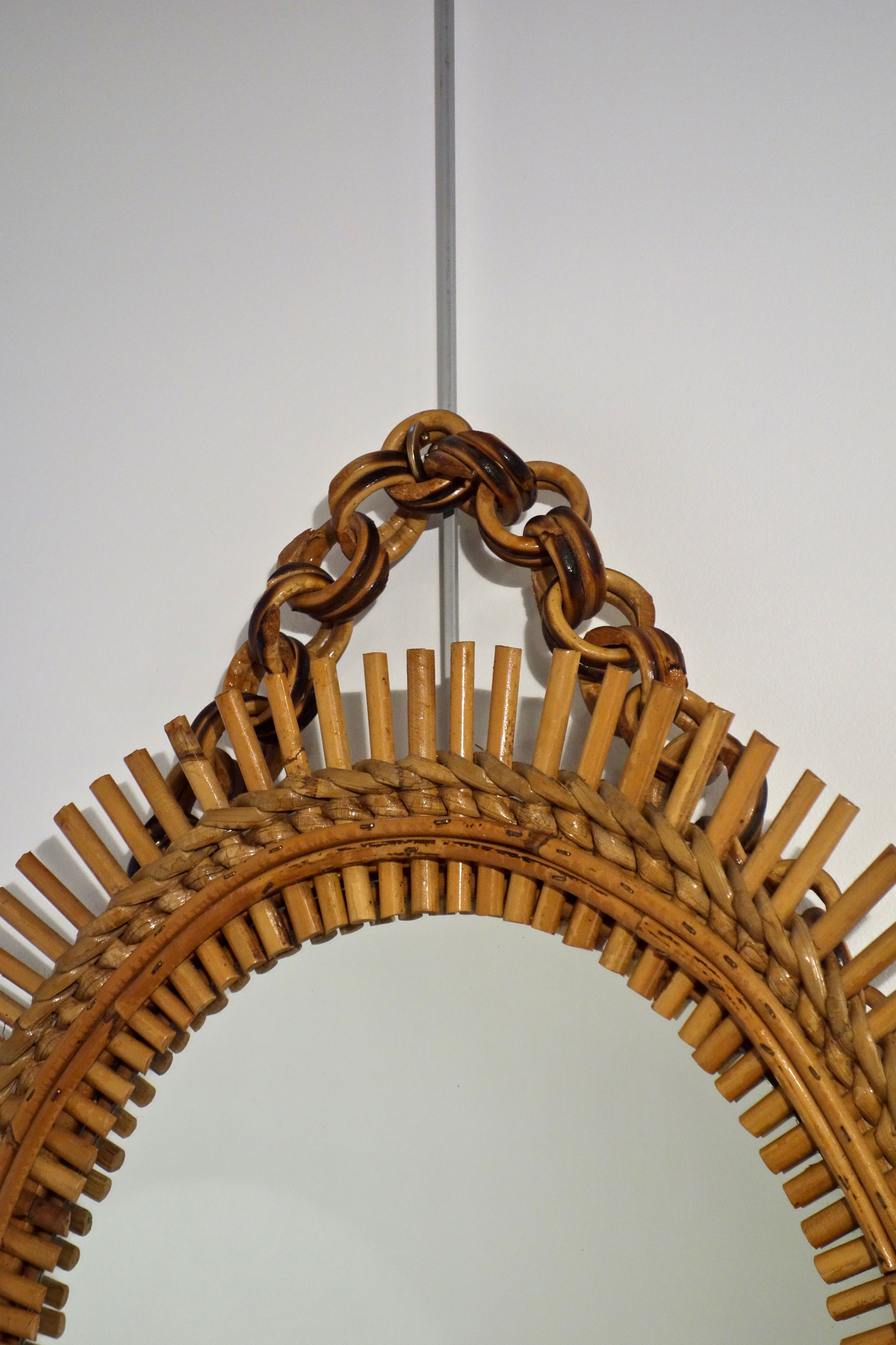 Italian sun mirror in rattan by Bonacina of the 50s 47x65cm