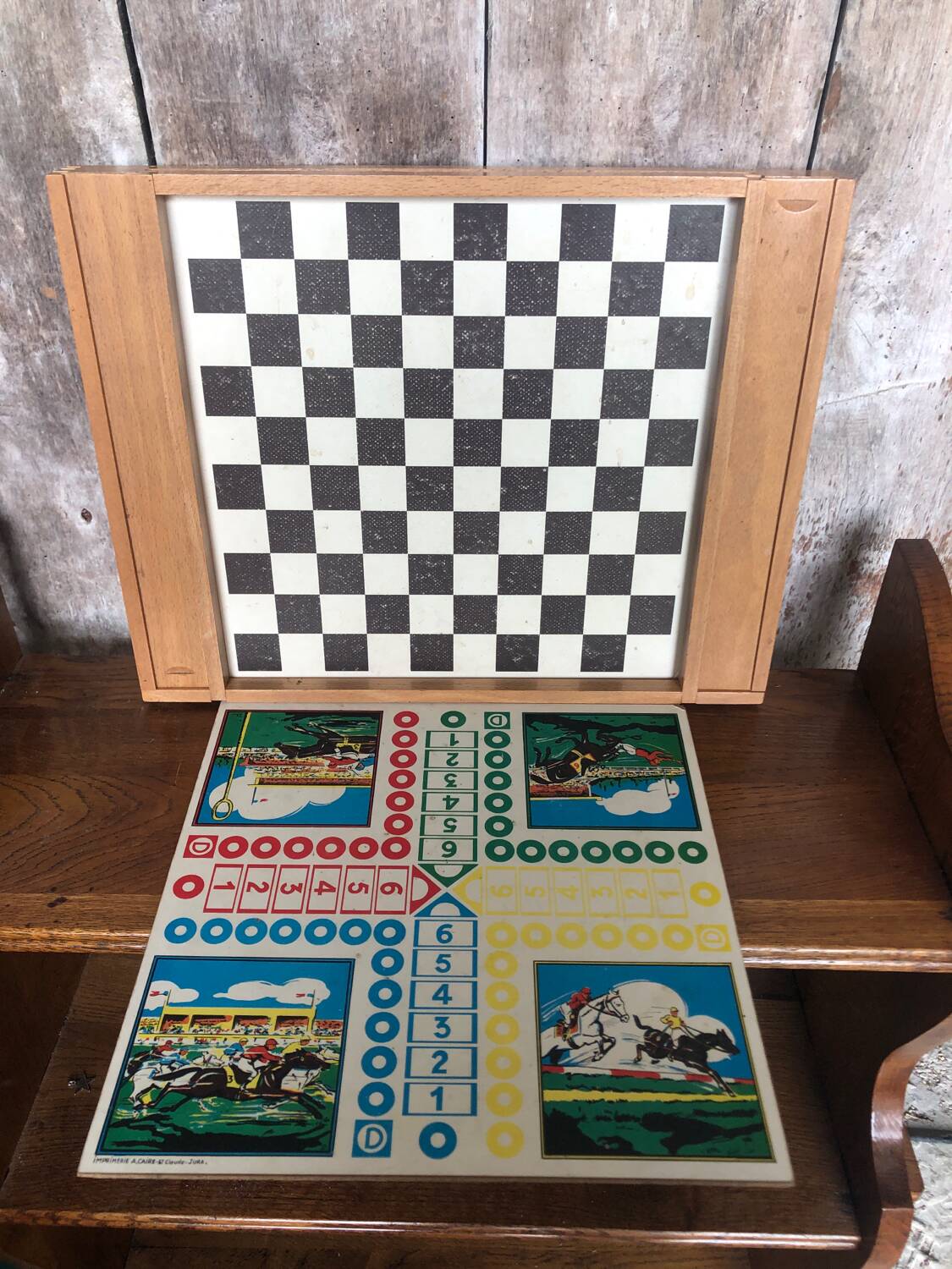 Old Board Game of Checkers, Goose, Hopscotch & Little Horses in Vintage Wooden