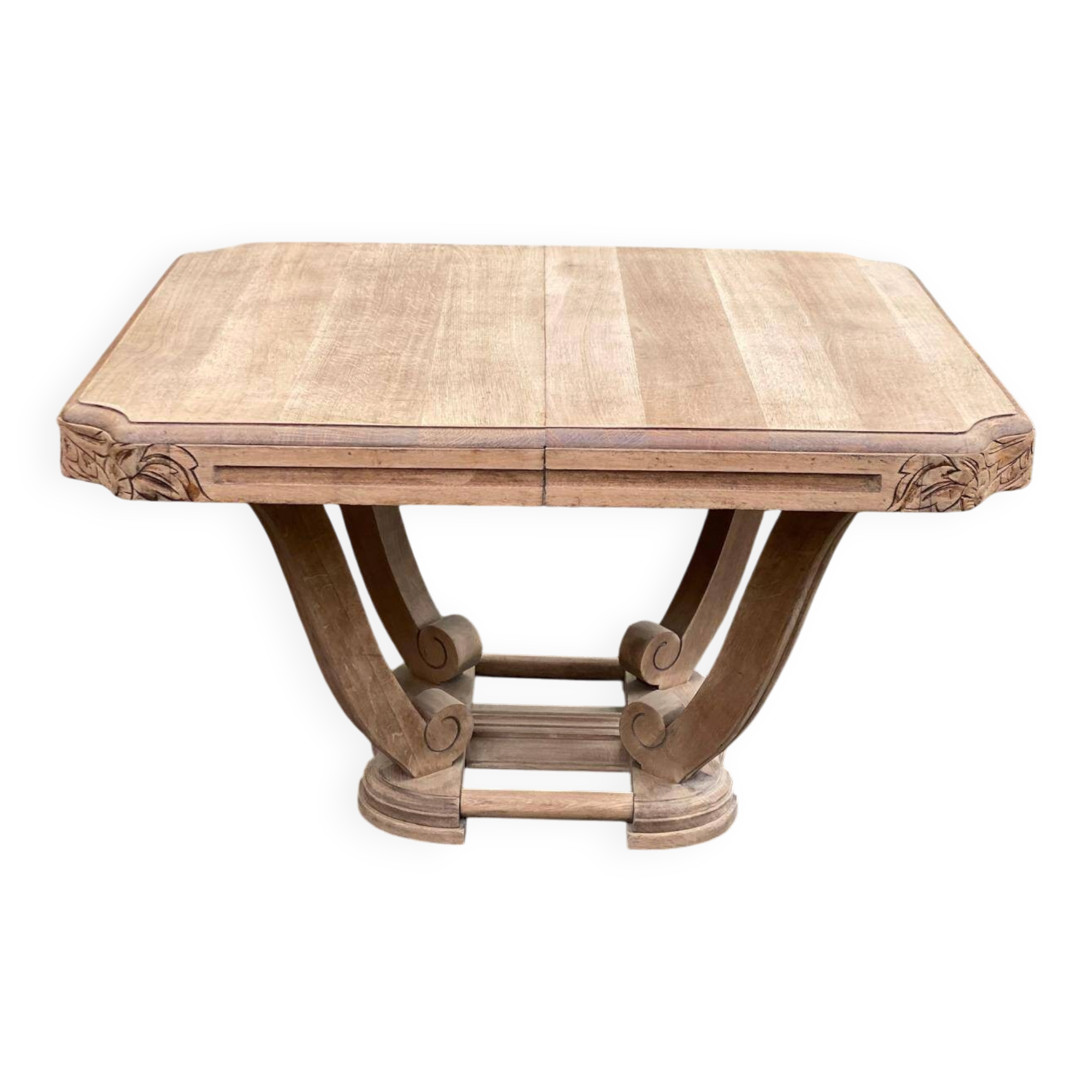 Rectangular Art Deco dining table with a central pedestal, renovated in solid oak.