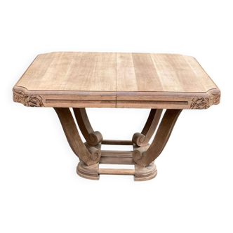 Rectangular Art Deco dining table with a central pedestal, renovated in solid oak.