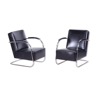 Restored bauhaus pair of black armchairs, mücke - melder, czechia, 1930s