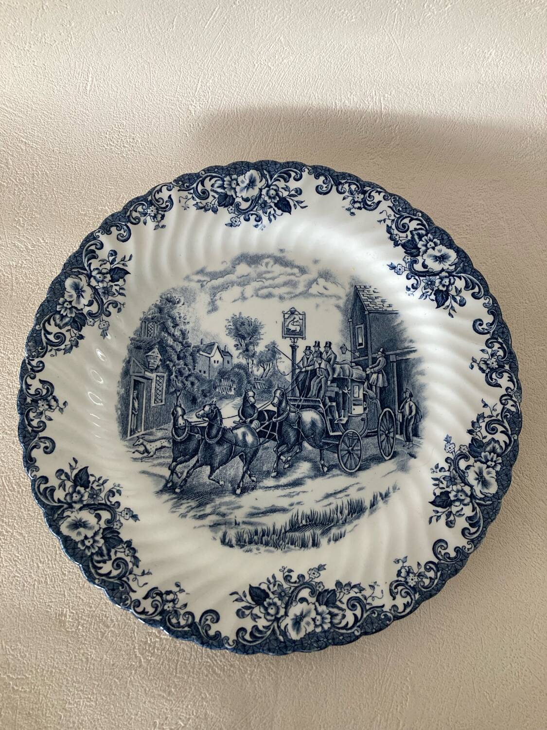 Trio of Coaching Scenes blue plates by Johnson Bros / Brothers Irestone