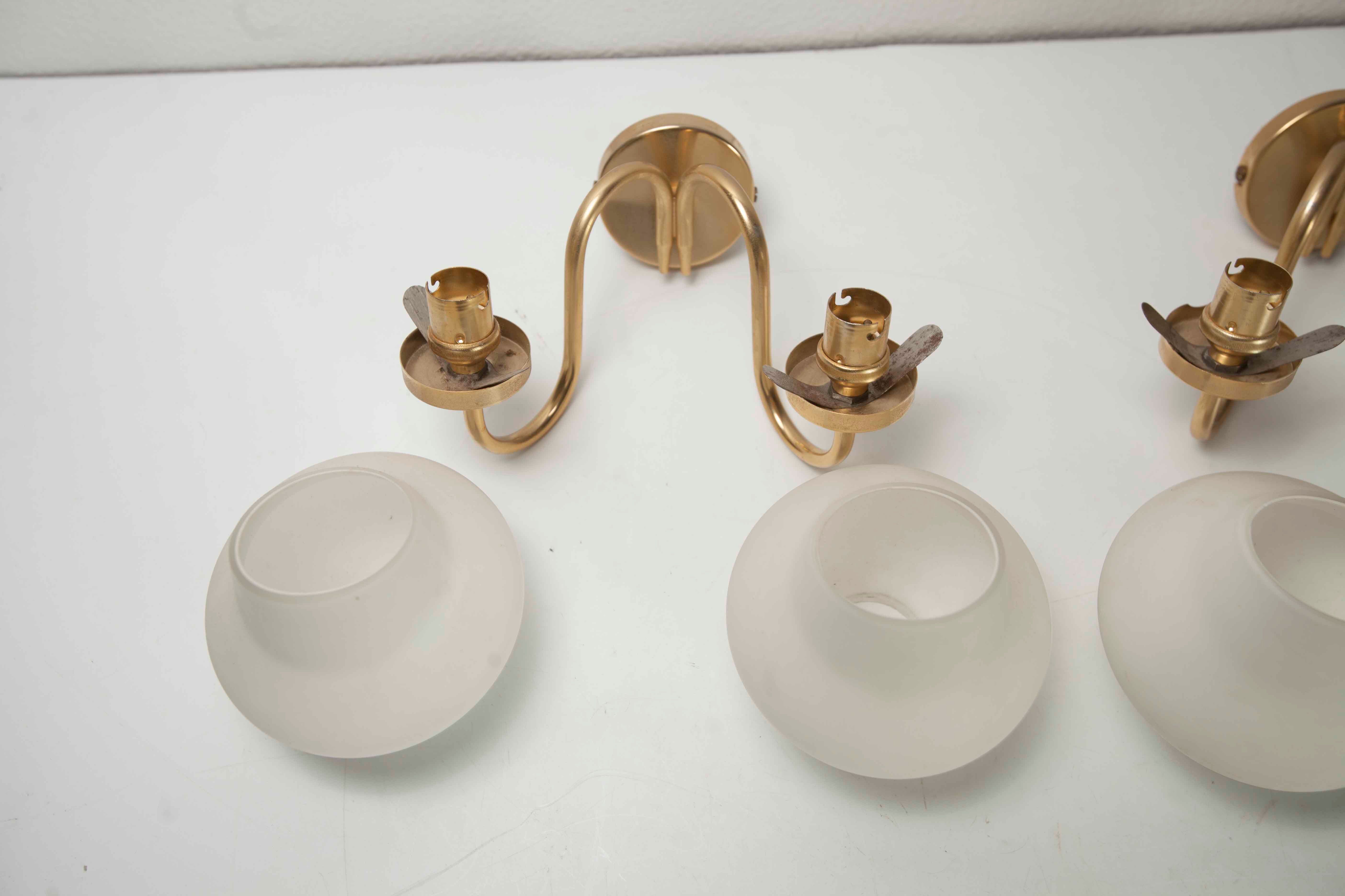 Pair of 60s brass and opaline sconces