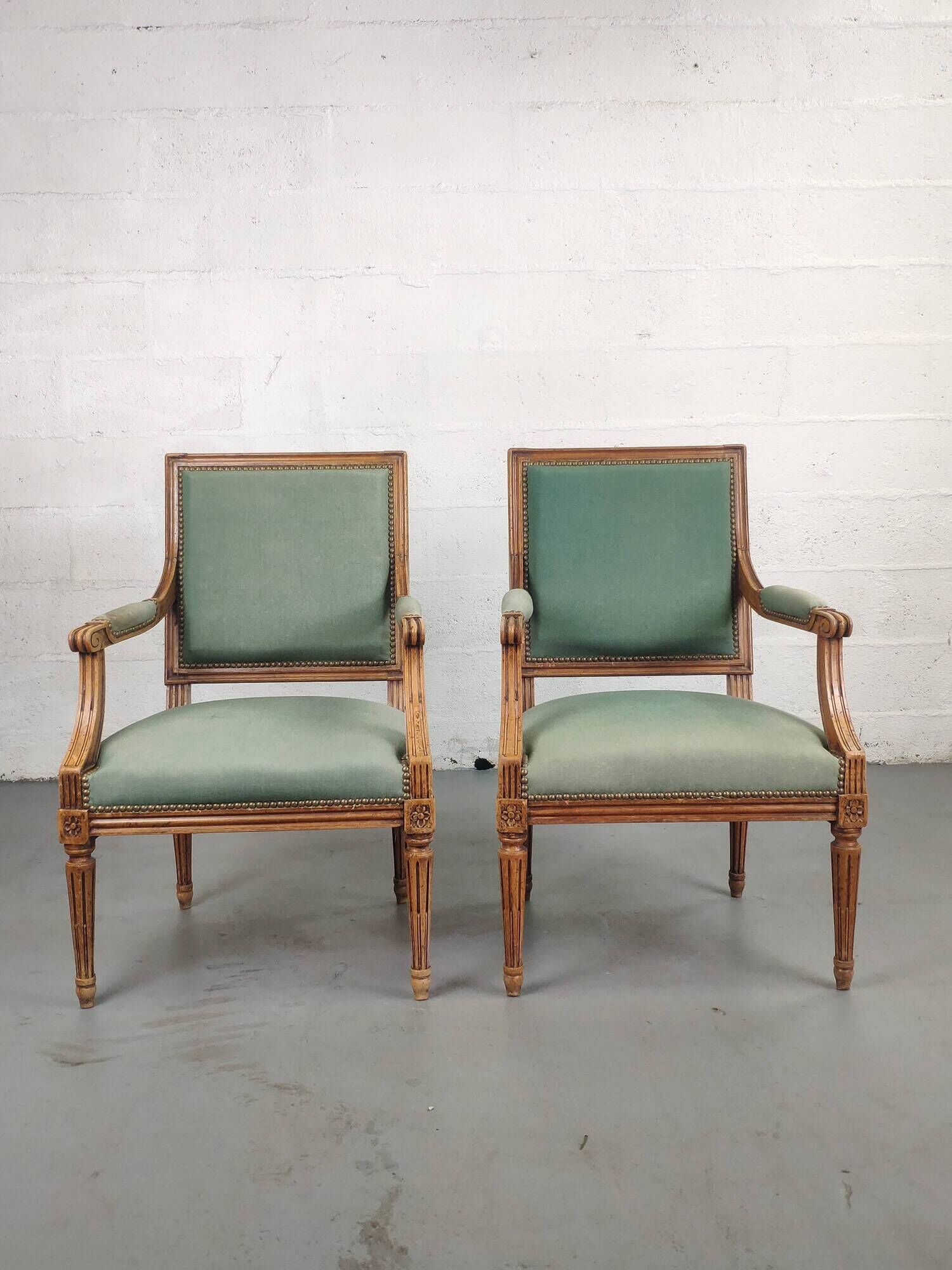 Pair of Louis XVI armchairs upholstered green velvet