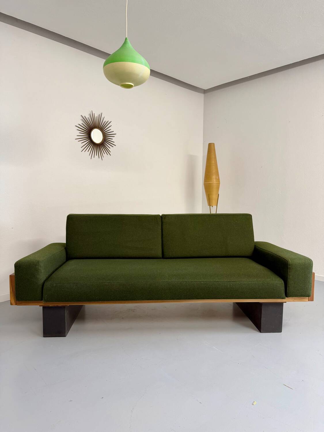 Vintage 3-seater sofa, green, solid wood, 70s/80s design
