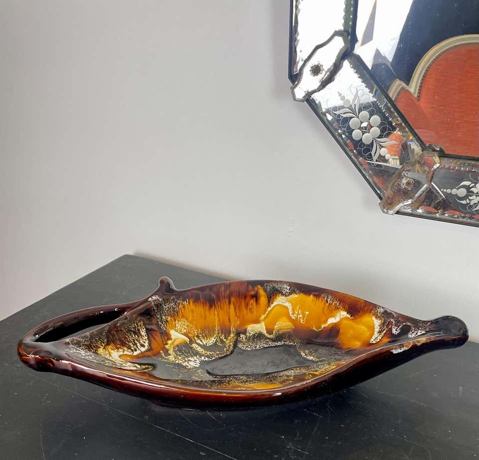 Yellow, orange, white and brown glazed ceramic bowl Vallauris, 70s, France