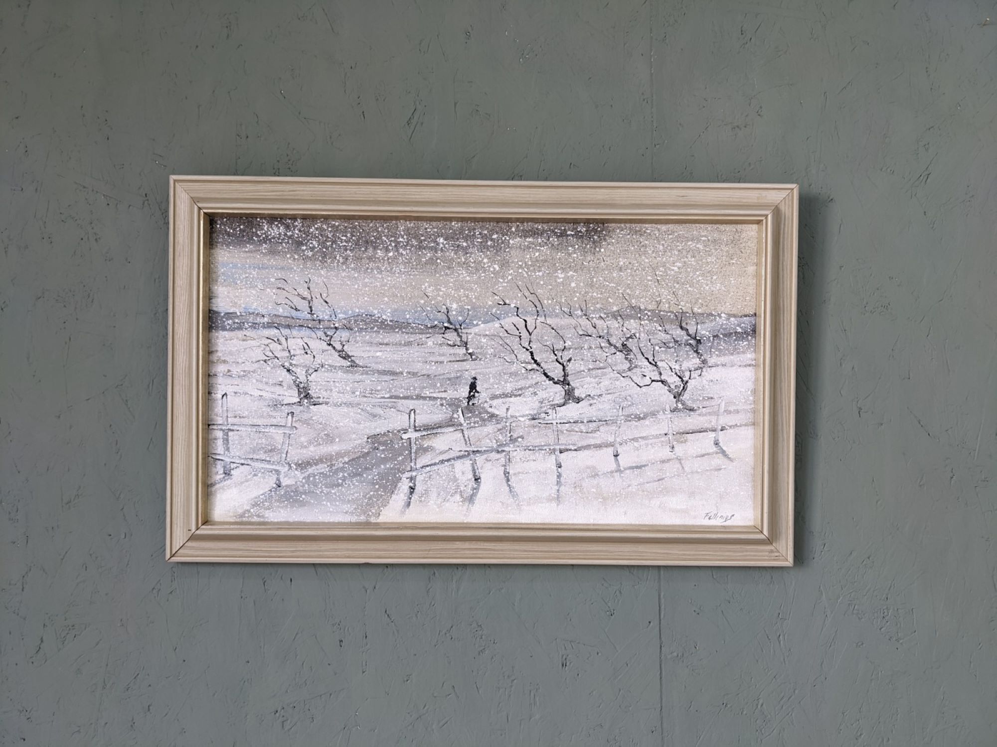 Mid-Century Modern Swedish "Snowfall" Vintage Winter Landscape Oil Painting, Framed
