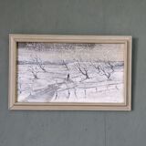 Mid-Century Modern Swedish "Snowfall" Vintage Winter Landscape Oil Painting, Framed