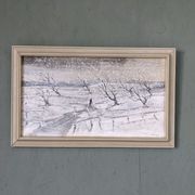Mid-Century Modern Swedish "Snowfall" Vintage Winter Landscape Oil Painting, Framed