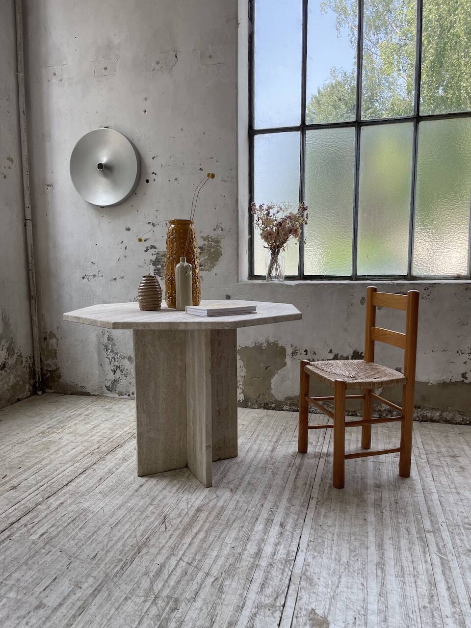 Octagonal travertine coffee table