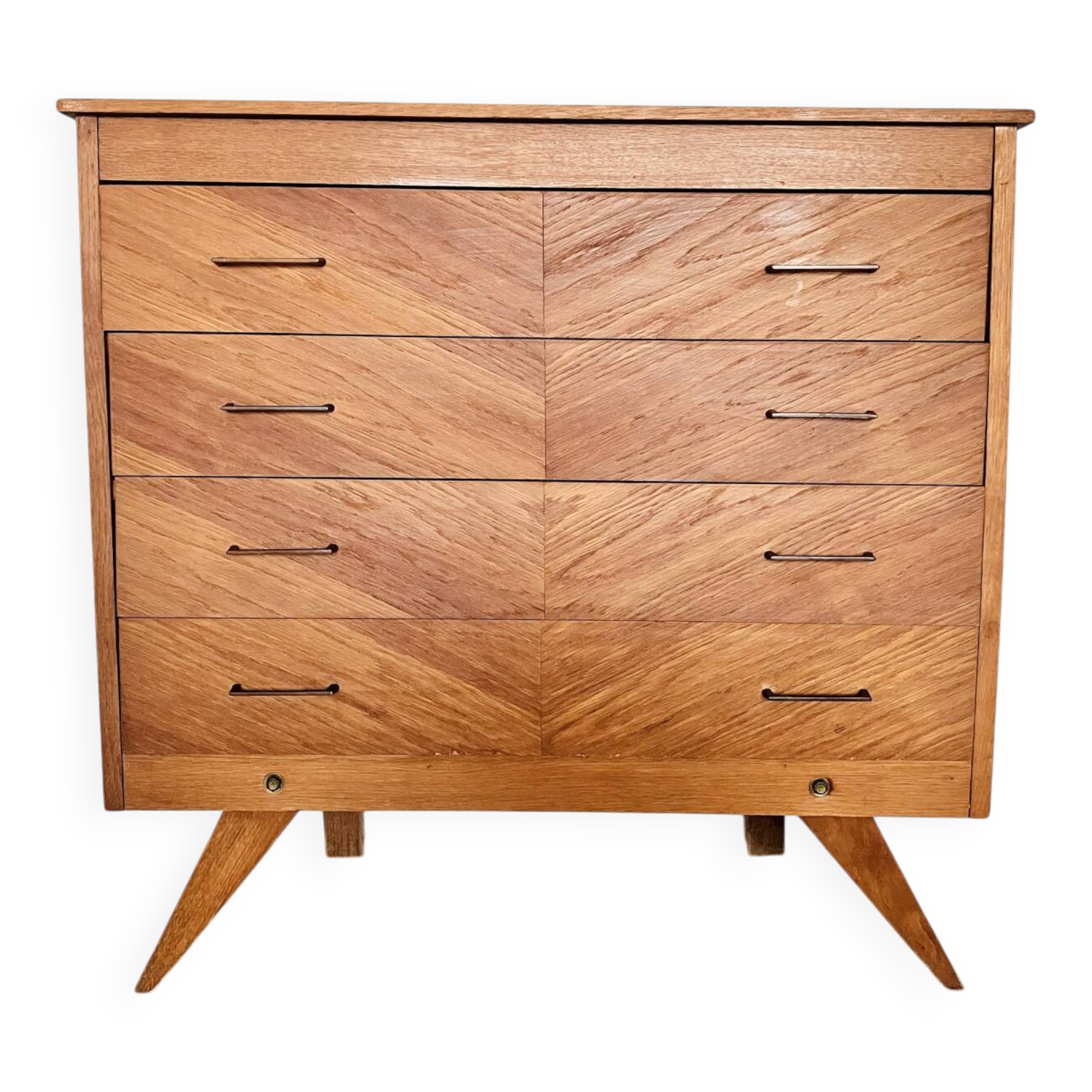 Commode en marqueterie de bois et pieds compas