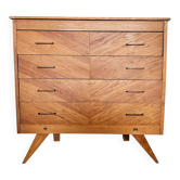 Wooden commode with marquetry and tapered legs.