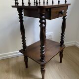 Nightstand, turned wooden bedside table opening with a drawer, vintage telephone table.