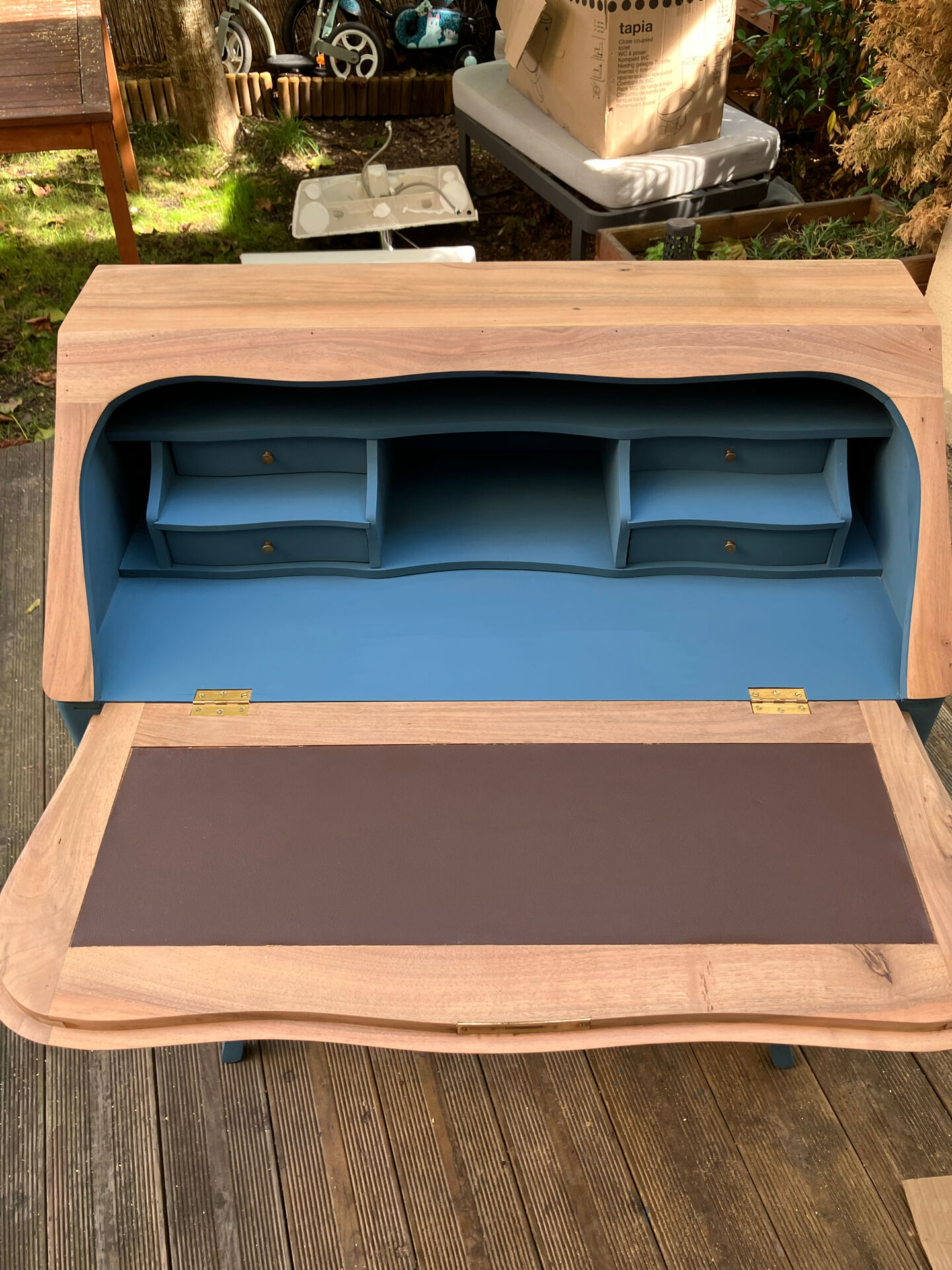 Restored antique drop-leaf secretary – natural wood & midnight blue