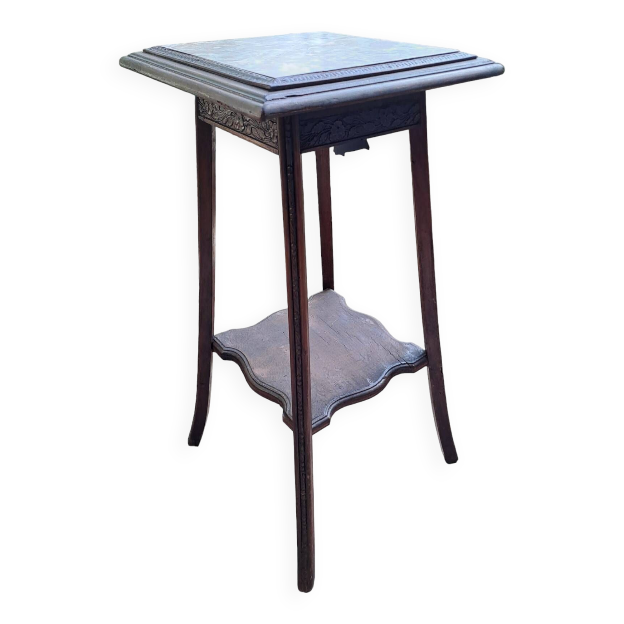 High art nouveau pedestal table brown wood varnished marble france 20's retro vintage decoration