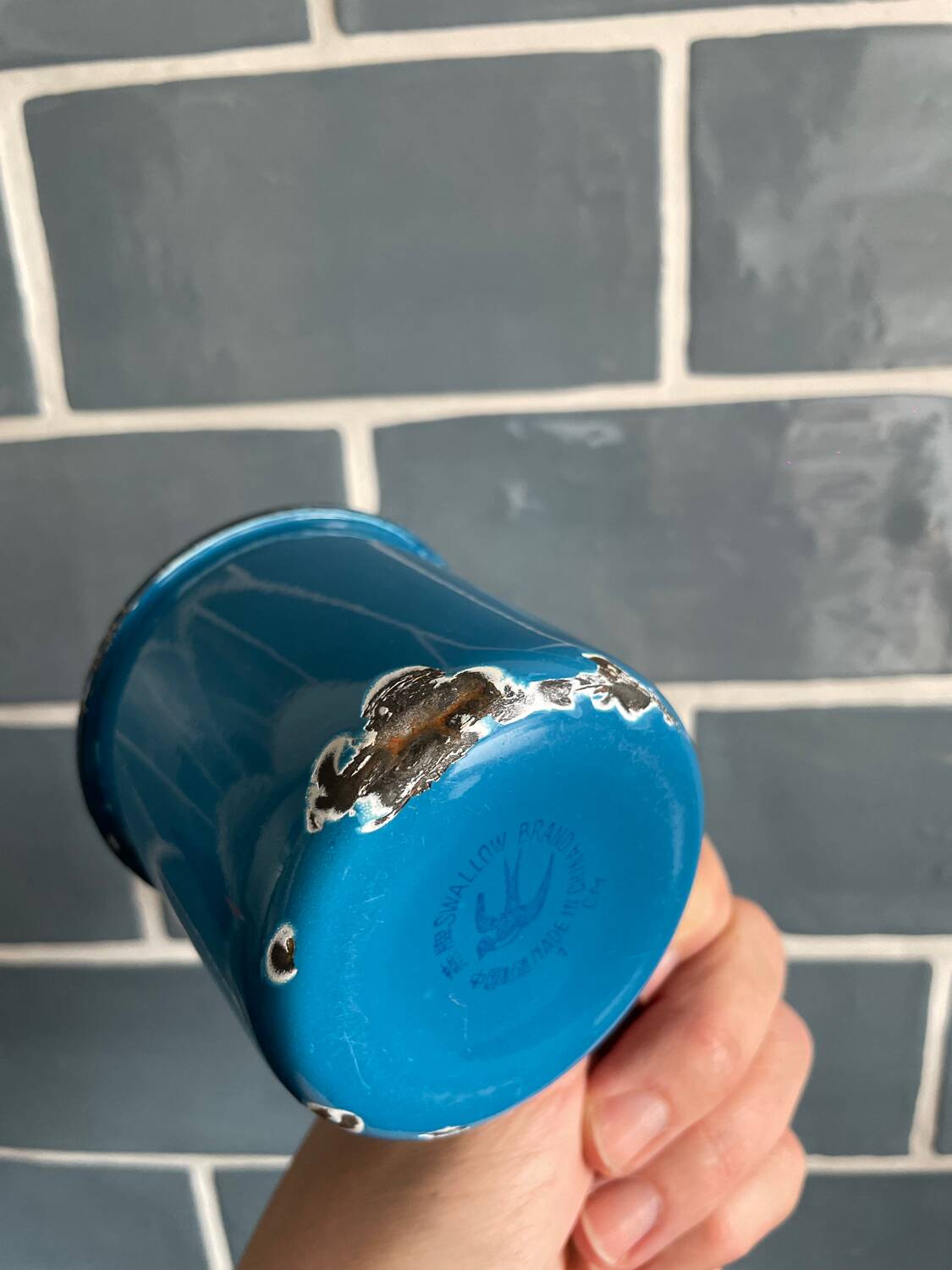 Small blue cup Swallow brand enameled sheet metal