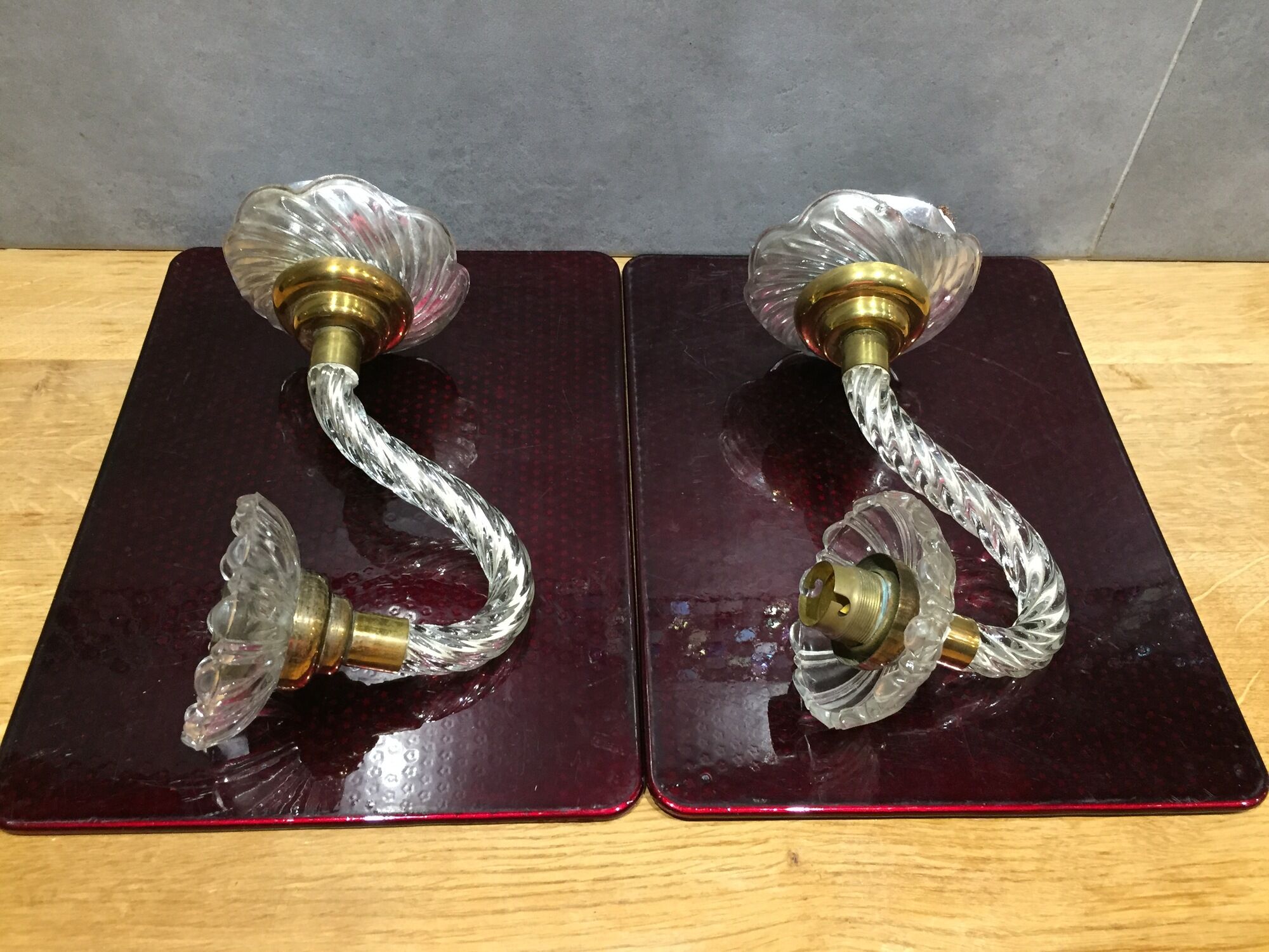 Pair of glass and gold metal sconces in the 1950s