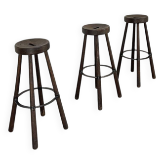 Trois tabourets de bar 1970 en chêne
