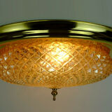 mid century ceiling LAMP flush mount textured amber glass and brass 1970s
