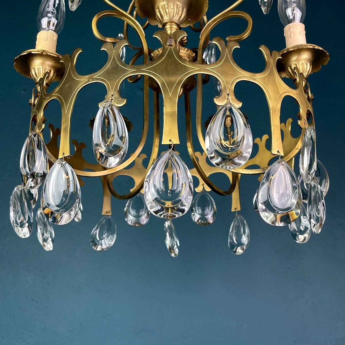 Vintage Chandelier with Crystal Drops, Italy, 1960s