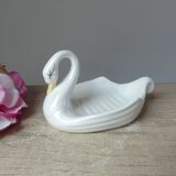 Soap holder or swan trinket in vintage iridescent white ceramic, swan sponge holder, jewelry holder