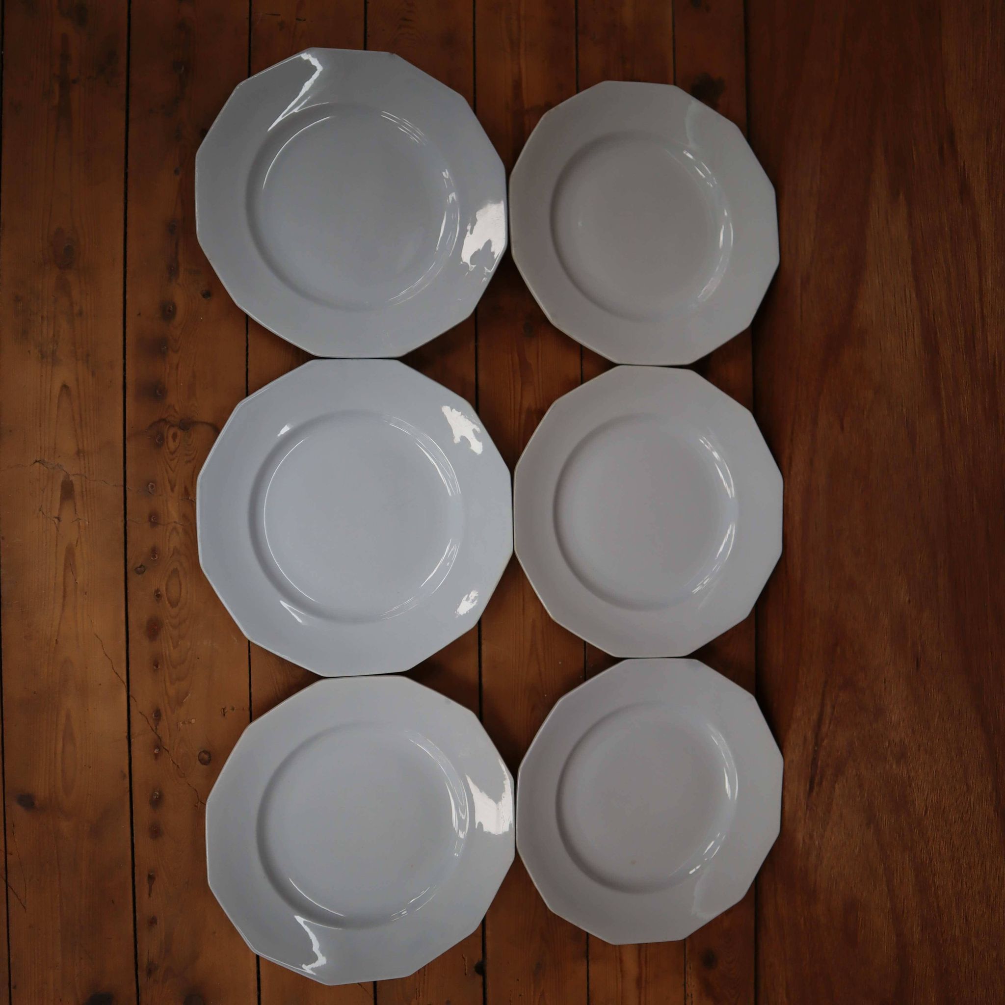 6 assiettes plates octogonales en faïence Moulin des loups couleur Bleu pâle